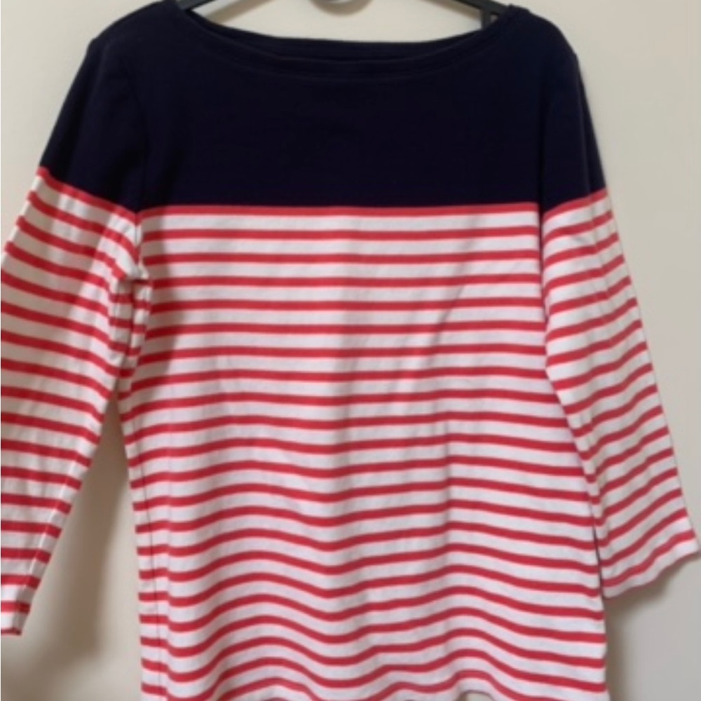 Talbots T Shirt Women's Small Navy Blue Pink Stripe Long Sleeve Cotton M